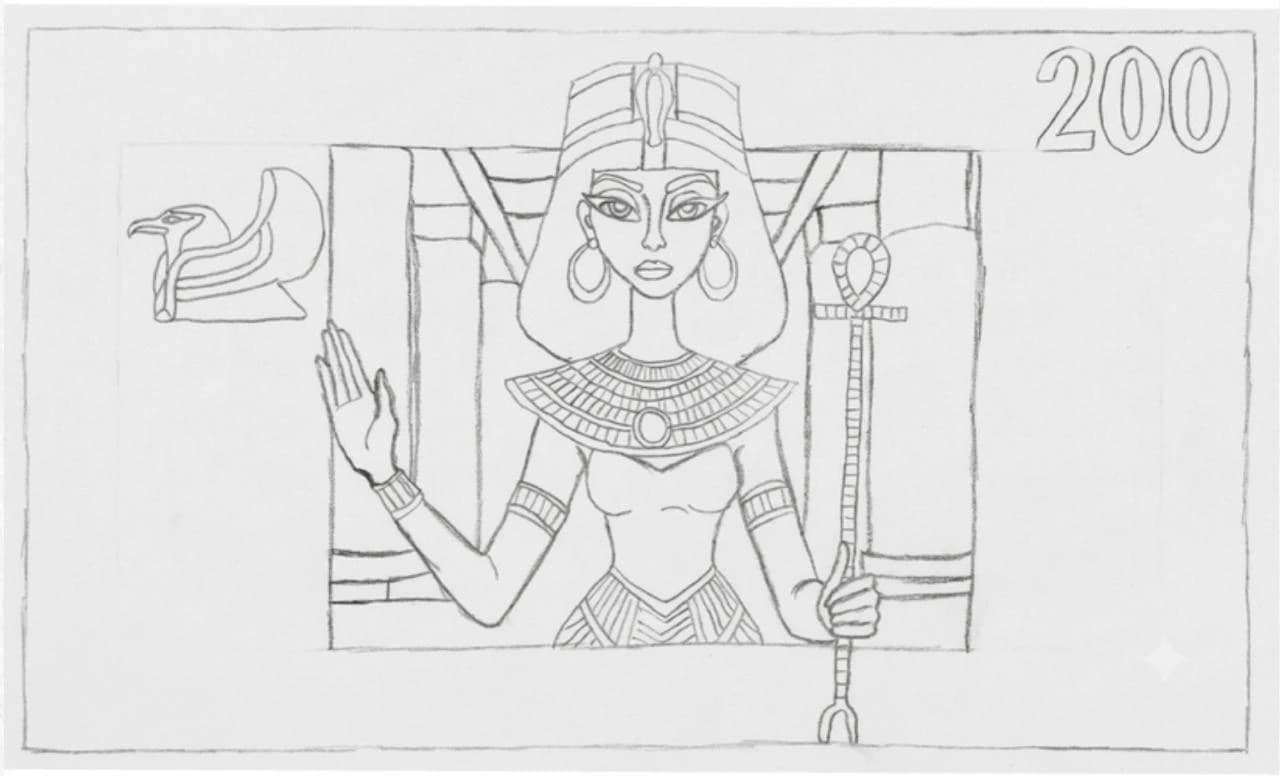 Pencil layout sketch for the 200-pound Egyptian commemorative banknote