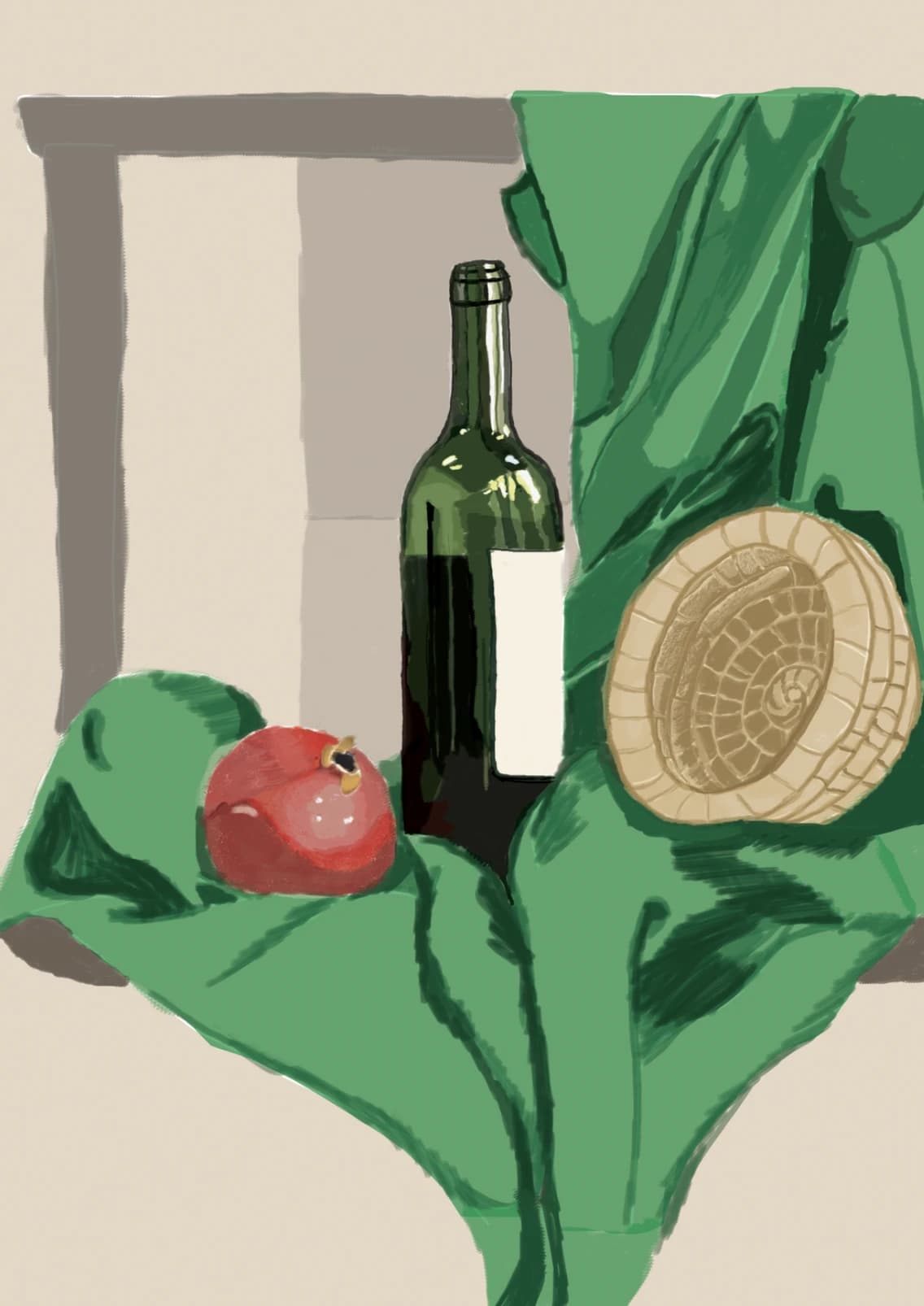 Final green digital still life with bottle, fruit, fabric, and woven form