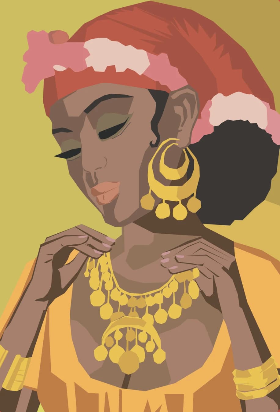 Final vector portrait with warm yellow, red, pink, and gold shapes