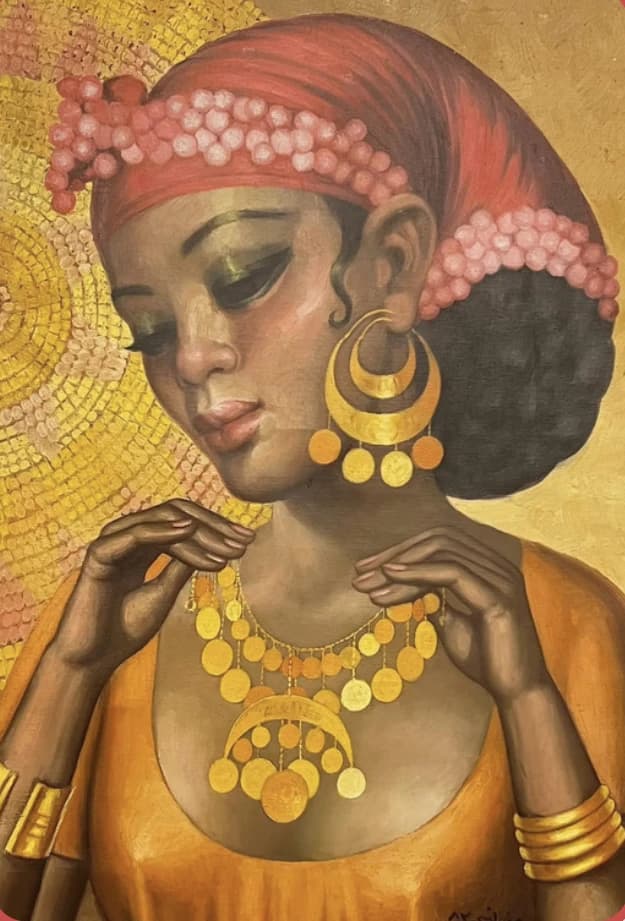 Painted source portrait of a woman wearing layered gold jewelry